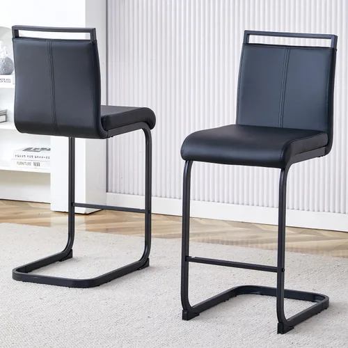 Vista 2 de gopop Juego de 2 taburetes de bar de altura de mostrador con respaldo, taburetes de cocina de cuero sintético negro con patas de metal recubierto