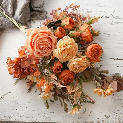 Vista 5 de Arreglos florales artificiales de seda de 17 pulgadas, ramos de flores artificiales que consisten en ranúnculos, crisantemos silvestres, rosas Ámbar