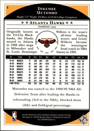 Vista 2 de 1999-00 Ultimate Victory #1 Dikembe Mutombo NBA Basketball Trading Card