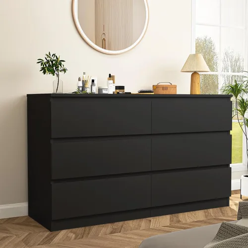 Vista 9 de Spaco Cómoda negra para dormitorio, cómoda moderna de 6 cajones con cajón profundo, amplia cómoda de almacenamiento, muebles organizadores de Negro