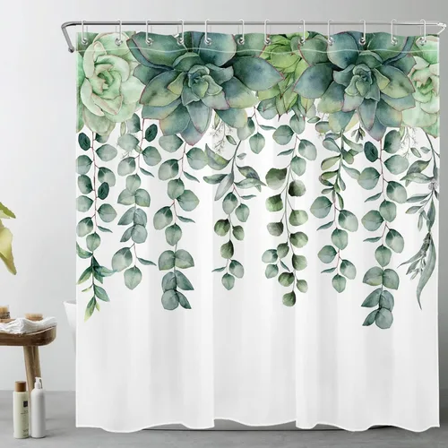 Vista 35 de Cortina de ducha con diseño bohemio de plantas y flores de acuarela sobre fondo beige, cortina de ducha de baño con hojas naturales, cortina