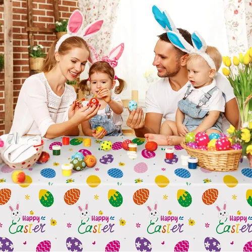 Vista 2 de Mantel de Pascua de 3 piezas, funda de mesa de conejo de Pascua, mantel rectangular de plástico desechable con huevos coloridos para primavera, día