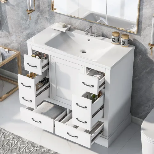 Vista 12 de Combinación de tocador de baño de 30 pulgadas con lavabo, armario de baño multifuncional con puertas y cajón, marco sólido y tablero de MDF