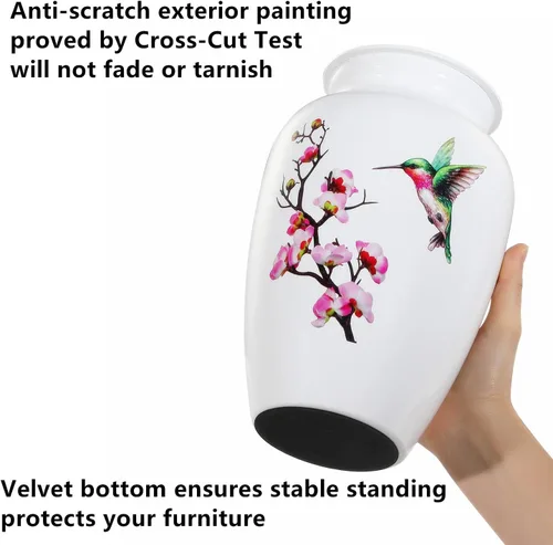 Vista 5 de Urna de cremación de colibrí para cenizas adultas, urna funeraria blanca, urna decorativa grande con bolsa de terciopelo, capacidad de hasta 200
