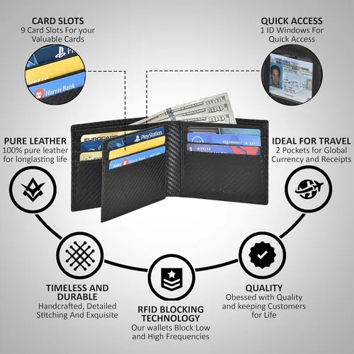 Vista 4 de Handmade RFID Leather Bifold Wallets For Men in Multiple Colors offering 9 Cards and 1 ID Slots