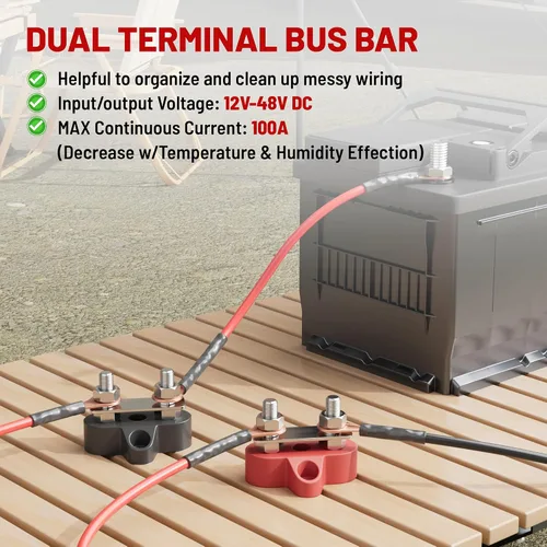 Vista 2 de RED WOLF Bloque de distribución de energía de 12 V 100 A, barra colectora de doble perno de 1/4", barra de bus terminal M6, poste de conexión