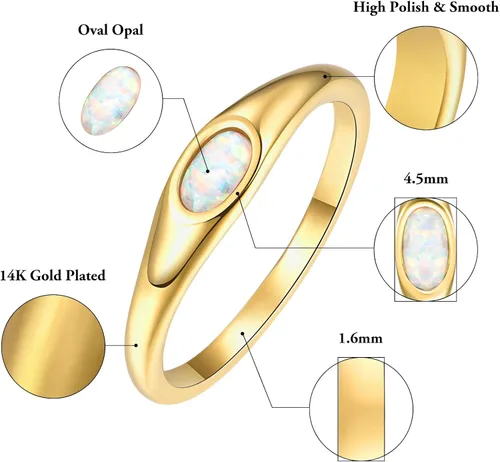 Vista 6 de Signet Rings for Women, 14K Gold Plated Dainty Rings OvalHeart Created Opal Ring Size 5-10
