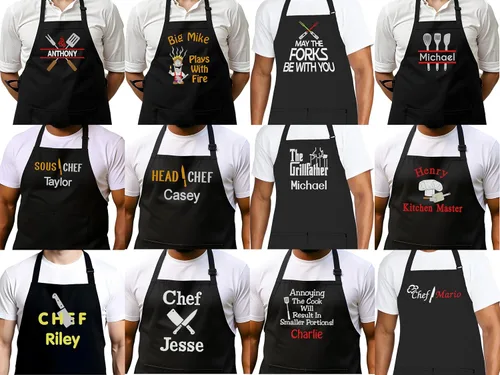 Vista 7 de Delantal de chef personalizado para hombres, diseño bordado personalizado, cocina profesional, barbacoa, parrilla, para papá, decorado en Estados