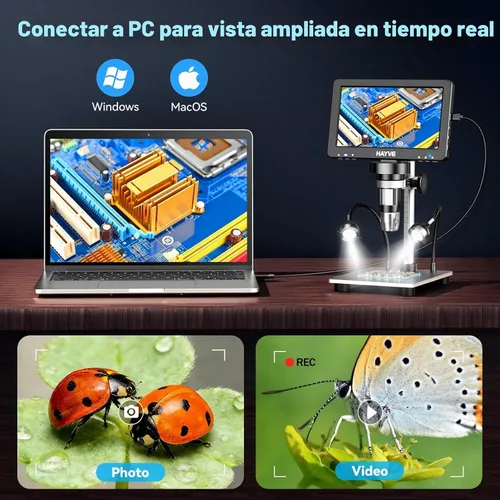 Vista 5 de Hayve 7" IPS Microscopio Digital 1200X DM9 Microscopio Moneda con Luces Sensor de cámara de 16 MP, 10 luces LED, control remoto con cable