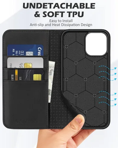 Vista 8 de SHIELDON Funda para iPhone 12/12 Pro 5G, Funda Tipo Billetera de Piel Auténtica con Bloqueo RFID Magnético, Soporte para Tarjetas de Crédito