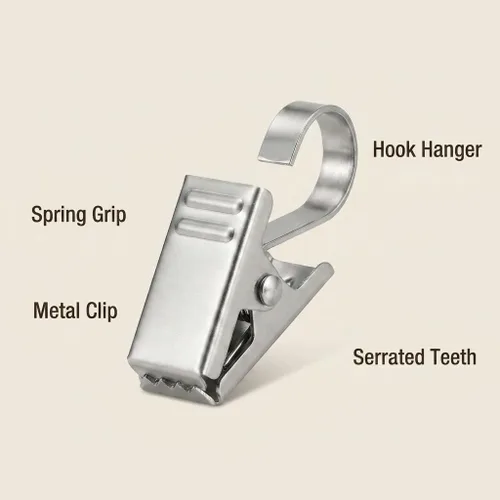Vista 3 de BIHRTC Paquete de 50 clips para cortina engrosados de acero inoxidable con ganchos, colgador de luces, soporte pequeño de alambre metálico