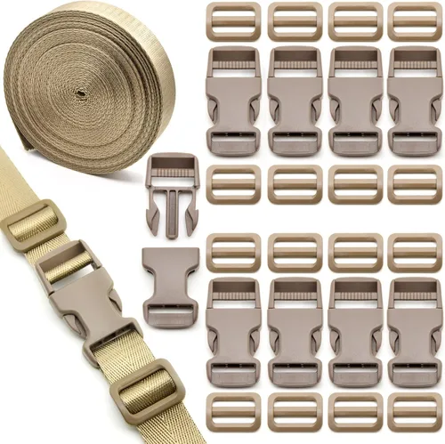 Vista 11 de Juego de correas de hebillas de 1 pulgada con correas de nailon de 10 yardas, 10 hebillas de plástico de liberación lateral rápida, 20 clips Verde