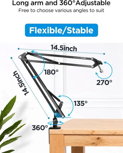 Vista 2 de Bietrun Soporte de escritorio con brazo de micrófono con soporte de choque y filtro pop para Blue Yeti/Snowball/Hyperx Quadcast/Shure MV7/SM7B/RODE