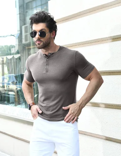 Vista 5 de YTD Camisetas musculares para hombre, camiseta elástica de manga corta para entrenamiento, casual, ajustada, camiseta Henley