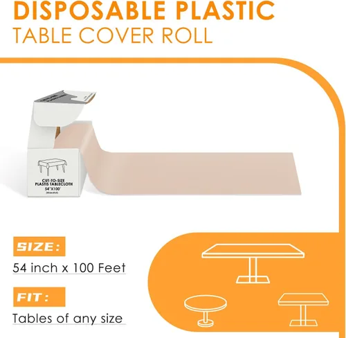 Vista 2 de tujol Rollo de mantel de mesa de plástico desechable beige de 54" X 100', cubierta de mesa de plástico con caja cortadora, mantel desechable cortado