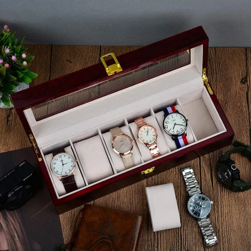 Vista 2 de ywduoying Caja de reloj de madera con 6 ranuras anchas para relojes de madera organizador de almacenamiento caja de reloj vintage roja para hombre