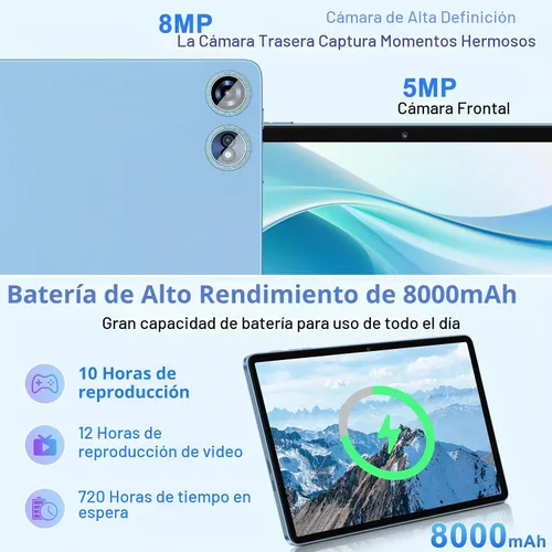 Vista 4 de 2025 Tablet Android 14 de 10 pulgadas con 22 GB RAM 128 GB ROM 1 TB de expansión, tablets con teclado ratón, Octa-Core, batería de 8000 mAh, Azul