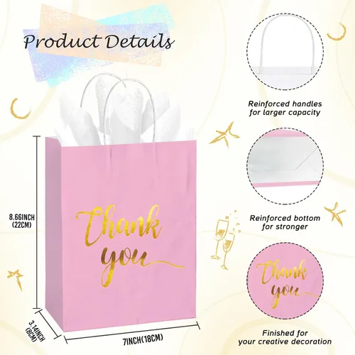 Vista 3 de 30 bolsas de regalo de agradecimiento con papel de seda dorado con asas para bodas, cumpleaños, negocios, compras, baby showers, recuerdos de Rosado