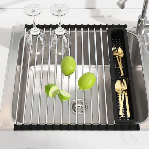 Vista 15 de Estante de secado de platos sobre el fregadero, expandible, pequeño, negro, escurridor para secar para la encimera de la cocina, metal de acero