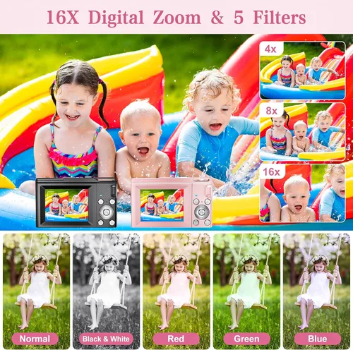 Vista 3 de Cámara Digital para Niños, FHD 1080P Apuntar y Disparar Cámara para Niños con Zoom Digital de 16X, Anti-Vibración, Flash, Tarjeta de 32GB, Cámara