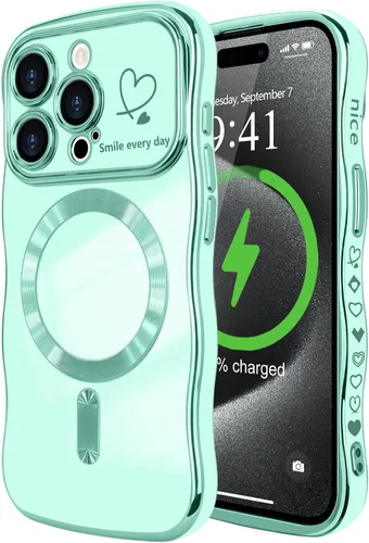 Vista 58 de LCHULLE - Funda magnética para iPhone 13 para mujeres y niñas, con forma ondulada, color azul bebé [Compatible with MagSafe] Cute Curly Wave, Love