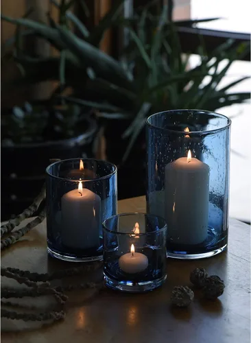 Vista 7 de Portavelas Azul para Velas de Pilar y Té, Jarrones Cilíndricos de Cristal con Burbujas Modernas Estilo Huracán, Centros de Mesa para Cocina, Isla