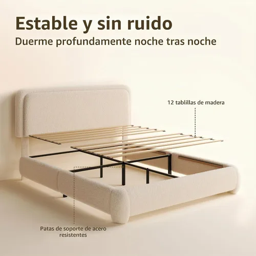 Vista 8 de Base de cama tamaño Queen, marco de cama de terciopelo Teddy Boucle con cabecera tapizada ajustable de 43.3"/45.3", esquinas redondeadas, base