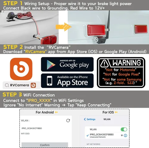 Vista 3 de EWAY Cámara inalámbrica de respaldo para remolque RV con marcador de camión RV con espacio de luz roja para iPhone, iPad, Android, iOS, teléfono
