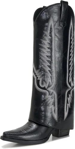 Vista 21 de Botas plegables puntiagudas con tacón de cuña para mujer, botas hasta la rodilla con diseño de candado y cremallera lateral Beige