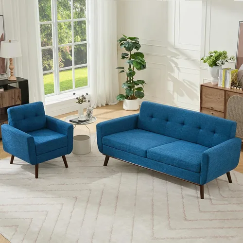 Vista 21 de Kingfun Juegos de muebles de sala de estar, estándar y otomano, sofás de decoración moderna de mediados de siglo, muebles tapizados con botones Beige