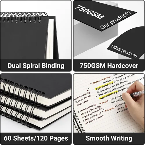 Vista 4 de EUSOAR Cuaderno de espiral con rayas universitarias, 3 paquetes A4 de 11 x 8-1/2 pulgadas, tapa dura, diario negro, 120 páginas/60 hojas de papel