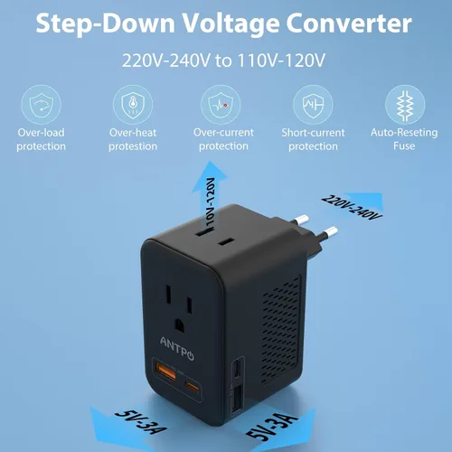 Vista 2 de ANTPO - Convertidor de voltaje de 220 V a 110 V de EE. UU. a Europa con 2 puertos USB, 2 USB C PD 20 W, 2 salidas de CA convertidor de viaje