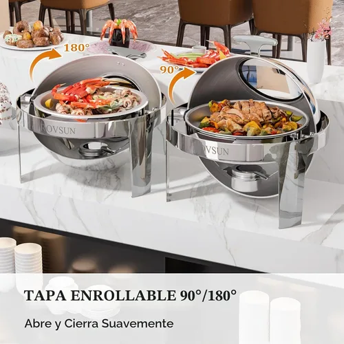 Vista 4 de ROVSUN Juego de Chafing Dish de Buffet con Tapa Enrollable, 6 QT Chafer Redondo de Acero Inoxidable para Catering, Servidores de Buffet y Plateado