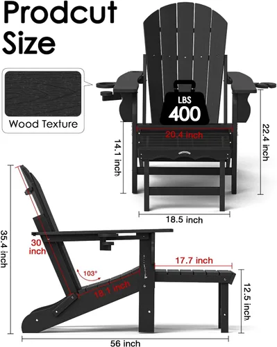 Vista 2 de Silla Adirondack plegable con reposapiés extraíble para patio al Negro