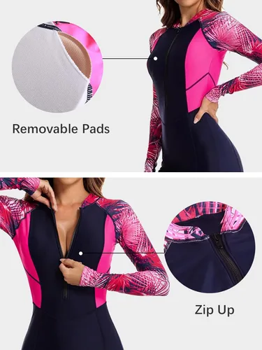 Vista 43 de ECUPPER Traje de baño de una pieza de manga larga para mujer, con cierre Boyleg, protector de erupción, cobertura de traje de baño de surf, traje