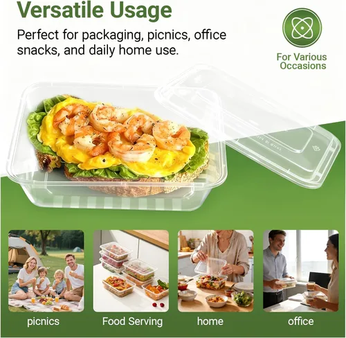 Vista 4 de Contenedor desechable de 49 onzas para preparación de comidas, grande para alimentos, 50 unidades de contenedores de plástico con tapas