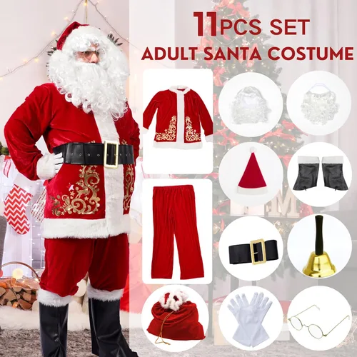 Vista 4 de Disfraz de Papá Noel para hombres adultos, traje de Papá Noel, 11 piezas, profesional, talla grande, traje de terciopelo de Navidad, fiesta