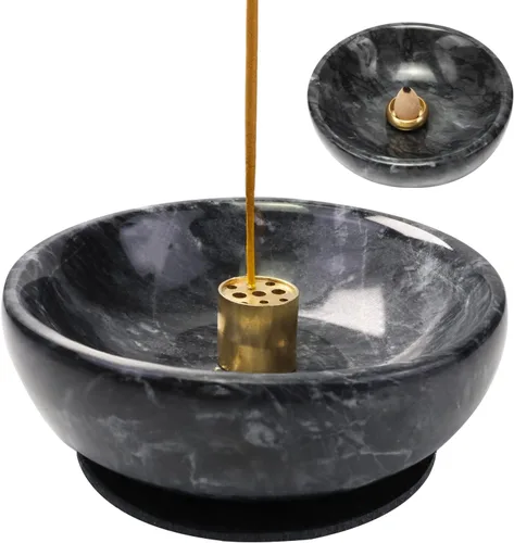 Vista 9 de Quemador de incienso de mármol natural, soporte de incienso para palo y reflujo, hecho a mano, ideal para fumar incienso, quemar incienso y Negro