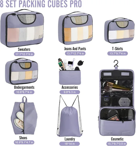 Vista 2 de Veken Juego de 8 cubos de embalaje para artículos esenciales de viaje, bolsas organizadoras de maleta en 4 tamaños, accesorios de equipaje de mano