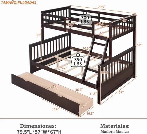 Vista 2 de Merax Litera de madera con dos cajones, litera de madera convertible con escaleras y dos cajones de almacenamiento, marco de cama desmontable