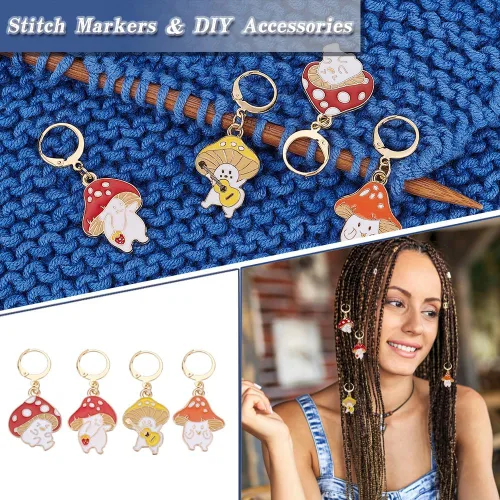 Vista 4 de NBEADS 24 marcadores de puntada de elfo con forma de hongo, esmalte de aleación, dijes de ganchillo extraíbles para tejer, tejer, accesorios