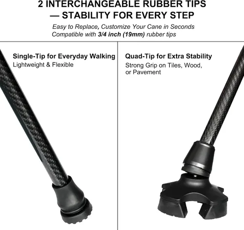 Vista 7 de Bastón de fibra de carbono ajustable, bastón ligero para hombres y mujeres, bastón premium para personas mayores con puntas de goma cuádruple