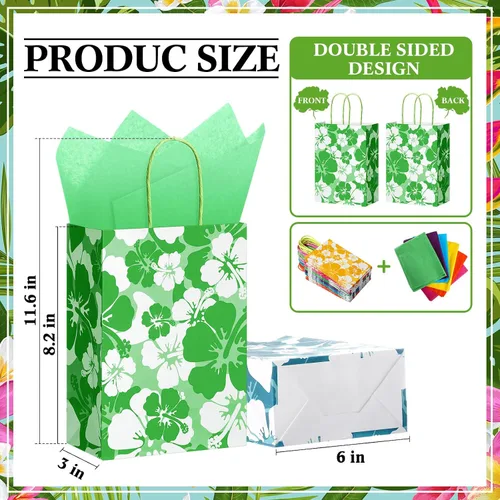 Vista 2 de Teling 12 Set Hibiscus Party Favor Hawaiian Themed Paper Bag with Tissues Summer Tropical Gift Tiki Luau Treat Hawaii Goodie Bags with Handles