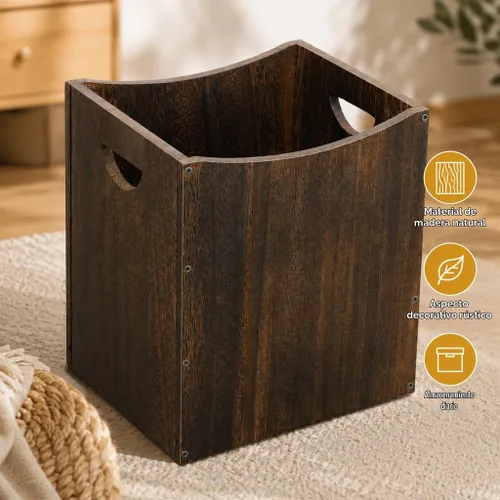 Vista 4 de Vrisa Basurero rectangular de madera de 5.3 galones con asas integradas, pequeño bote de basura para dormitorio, oficina, cocina, baño, debajo
