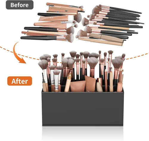 Vista 4 de HIIMIEI Organizador Portacepillos de Maquillaje Negro Acrílico de 6 Ranuras Organizador de Almacenamiento para Cepillos Cosméticos para Encimera