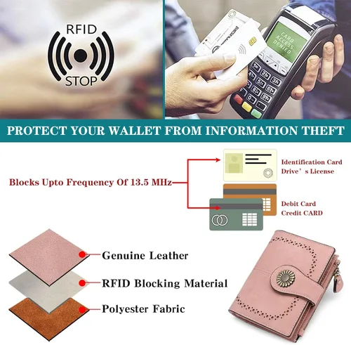 Vista 5 de SENDEFN Carteras pequeñas para mujer, con bloqueo RFID, de cuero, plegable, tarjetero con ventana de identificación, 1-Rosa