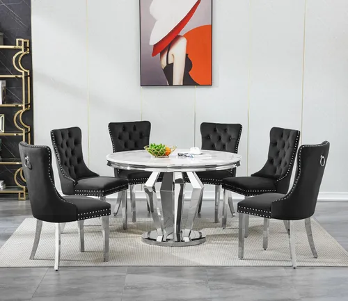 Vista 74 de Juego de 5 mesas de comedor, juego de mesa de cocina y comedor para 4, mesa de cocina rectangular de mármol sintético blanco de 47 pulgadas con base