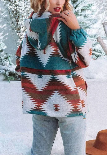Vista 5 de chouyatou Sudadera con capucha y media cremallera con estampado azteca tribal para mujer
