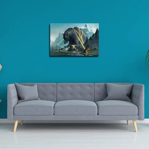 Vista 3 de Pintura artística de lobo nórdico Fenrir para pared, decoración estética contemporánea, impresiones en lienzo giclée, decoración de pared para sala