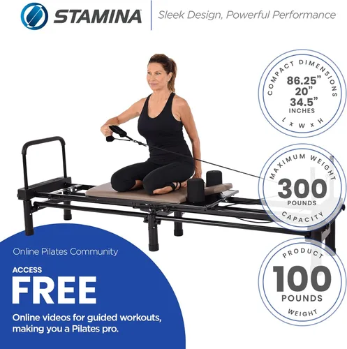 Vista 3 de Stamina Products AeroPilates Reformer 651 Máquina de entrenamiento de resistencia para todo el cuerpo para gimnasio en casa con soporte de 10